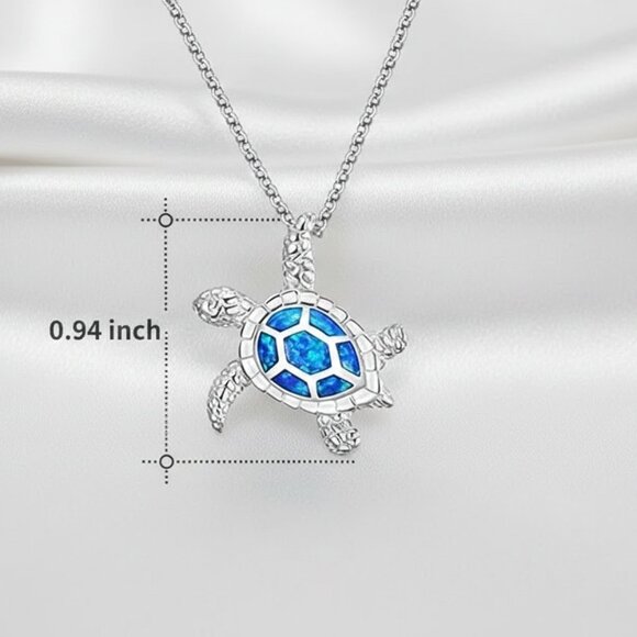 Silver and Hawaiian Blue Opal Sea Turtle Pendant Fashion Necklace NWOT - Picture 3 of 8
